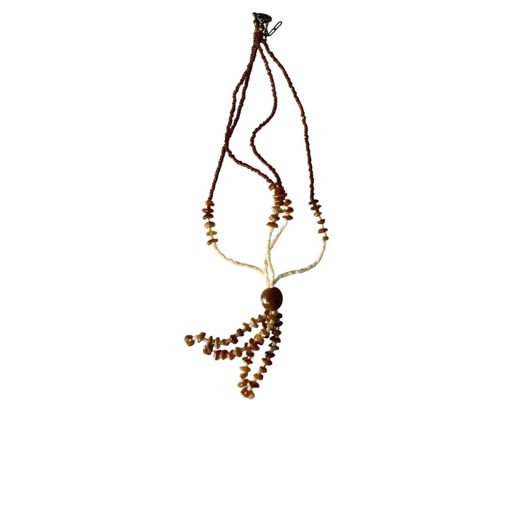 Vintage Multi Strand Seed Bead Tassel Necklace Brown Cream Boho Southwestern